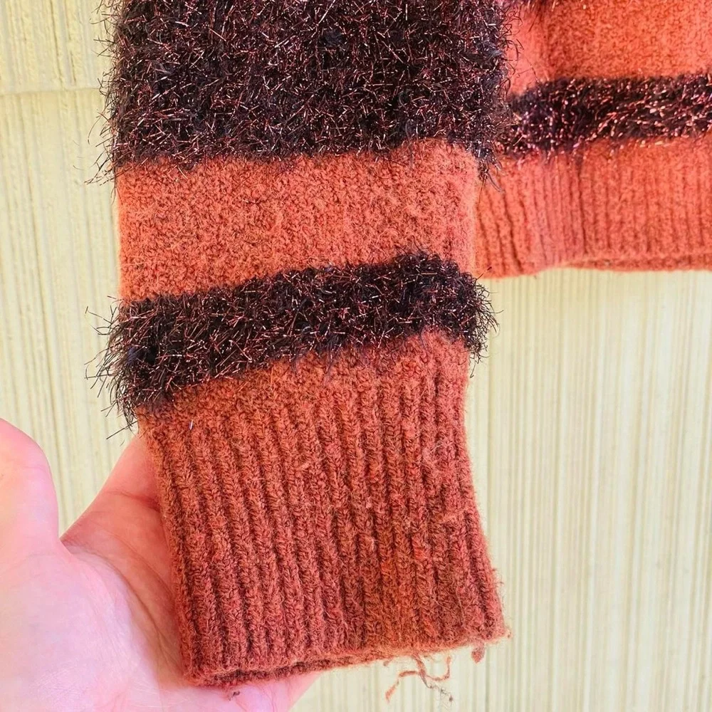 Madewell Fuzzy Striped Knit Sweater – Rust Brown Metallic Cozy Fall Pullover - Picture 2 of 8